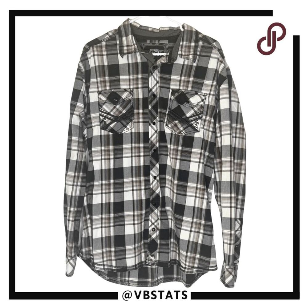 Buckle Black Men's Plaid Long Sleeve Snap Button Up Shirt Black White Size‎ XL